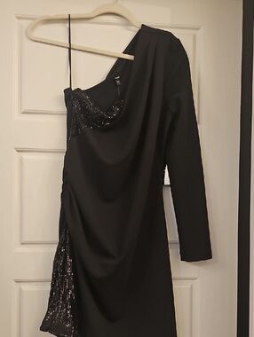 Express Black One-Shoulder Sequin-Trim Dress